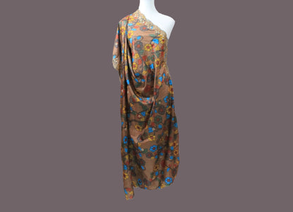 Brown Silk Dupatta with Golden Floral Print | Muvvas Boutique