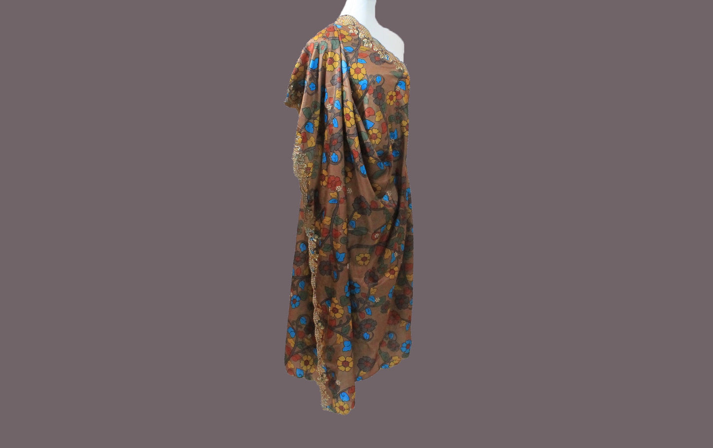 Brown Silk Dupatta with Golden Floral Print | Muvvas Boutique