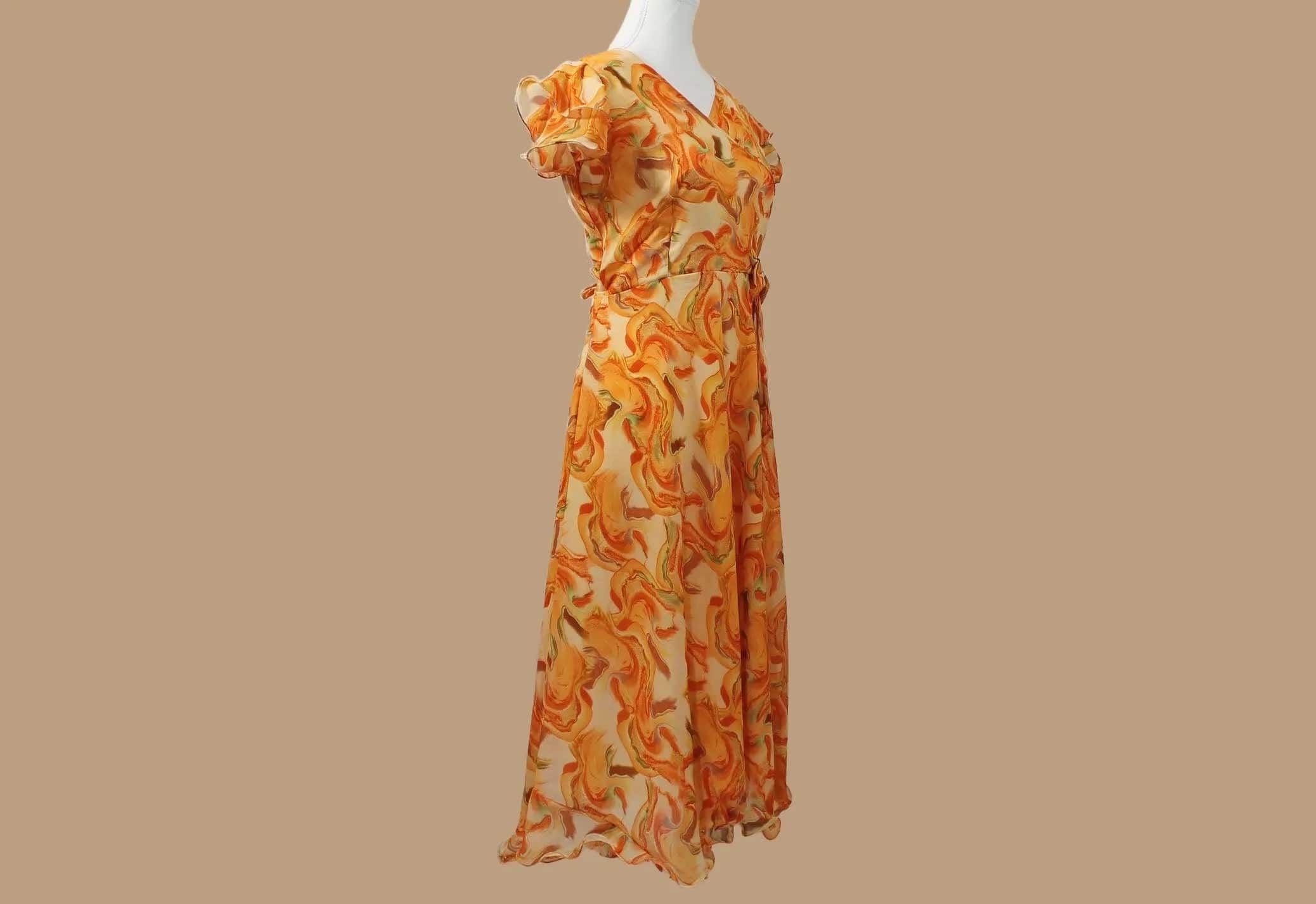 Orange and Cream Color Printed Dress Muvvas Boutique X Large Orange Cream Chiffon