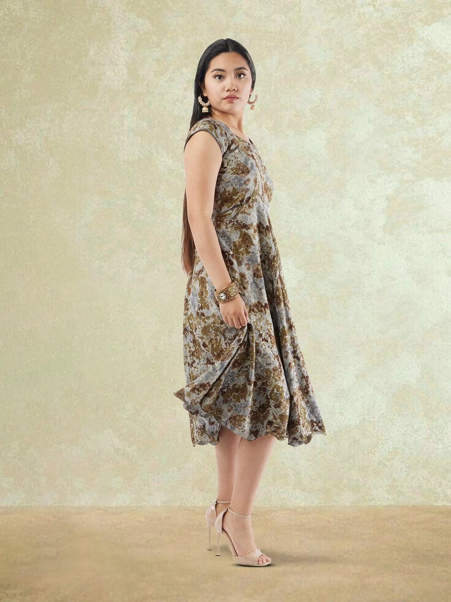 Brown and Grey Printed Rayon Knee Length Dress | Indo Western Dress | Modern Indian Wear | indian party dress for women | indian wear usa  | Indo Western Outfits