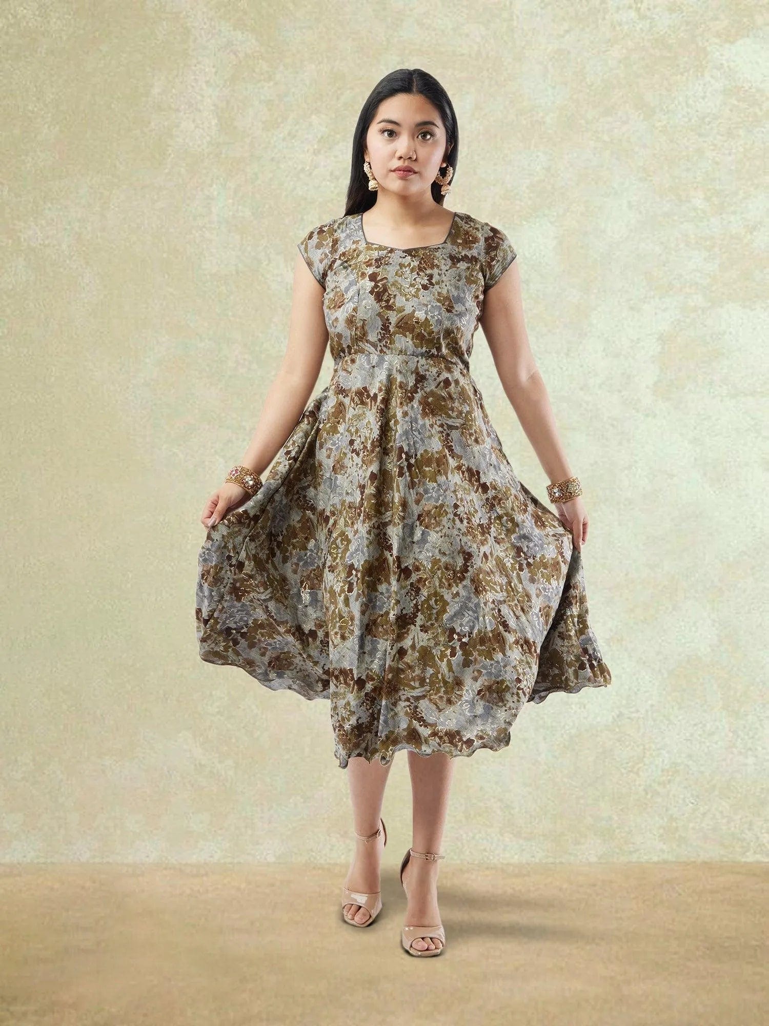 Brown and Grey Printed Rayon Knee Length Dress | Indo Western Dress | Modern Indian Wear | indian party dress for women | indian wear usa  | Indo Western Outfits