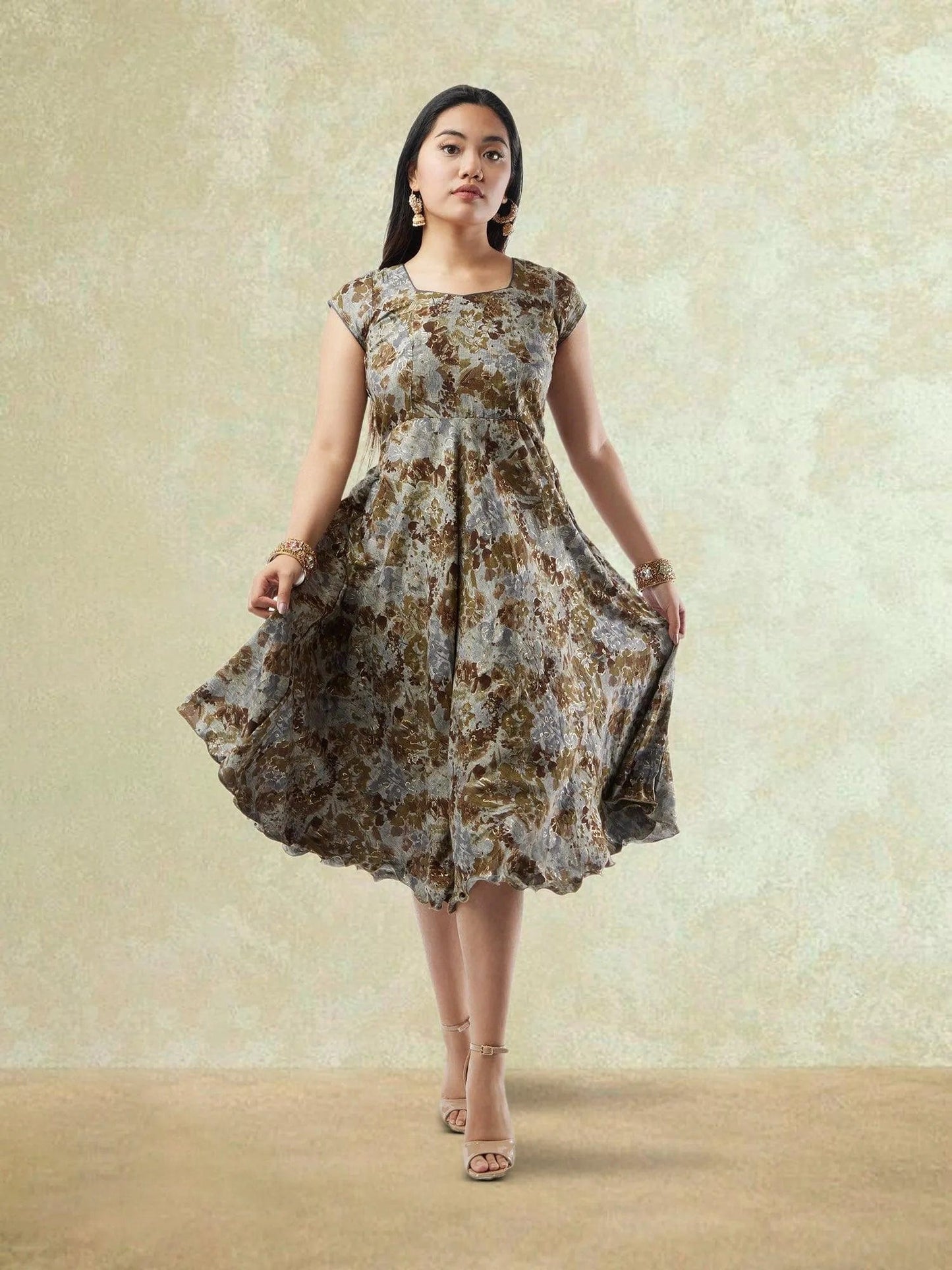 Brown and Grey Printed Rayon Knee Length Dress | Indo Western Dress | Modern Indian Wear | indian party dress for women | indian wear usa  | Indo Western Outfits