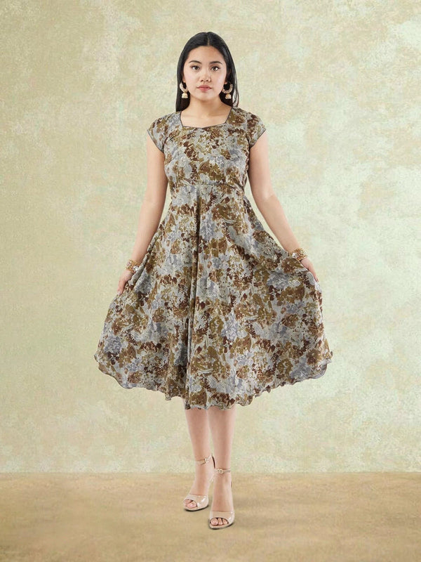 Brown and Grey Printed Rayon Knee-Length Dress