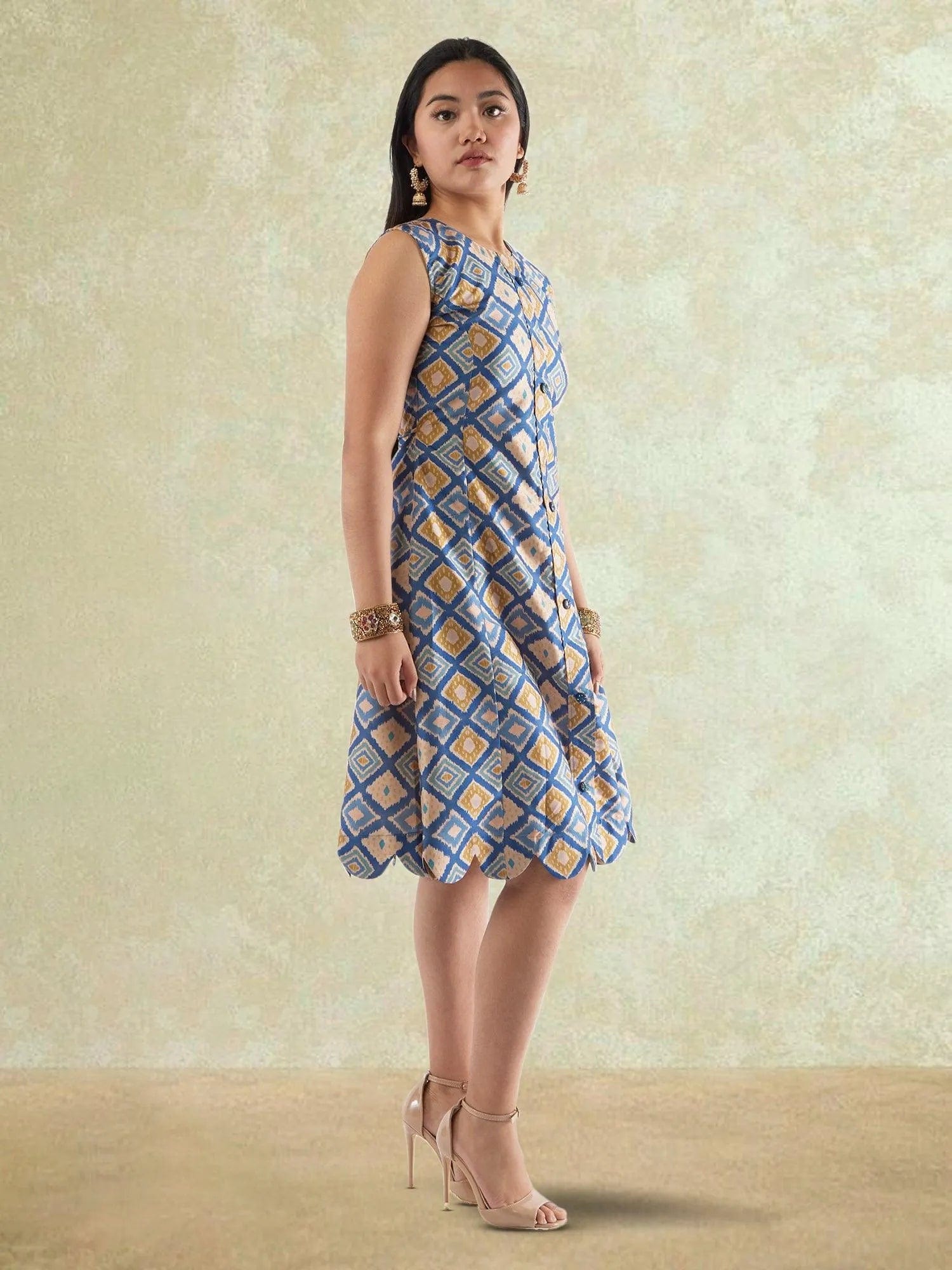 Cream and Blue Printed Raw Silk Knee Length Dress | Indo Western Dress | Modern Indian Wear | indian party dress for women | indian wear usa  | Indo Western Outfits