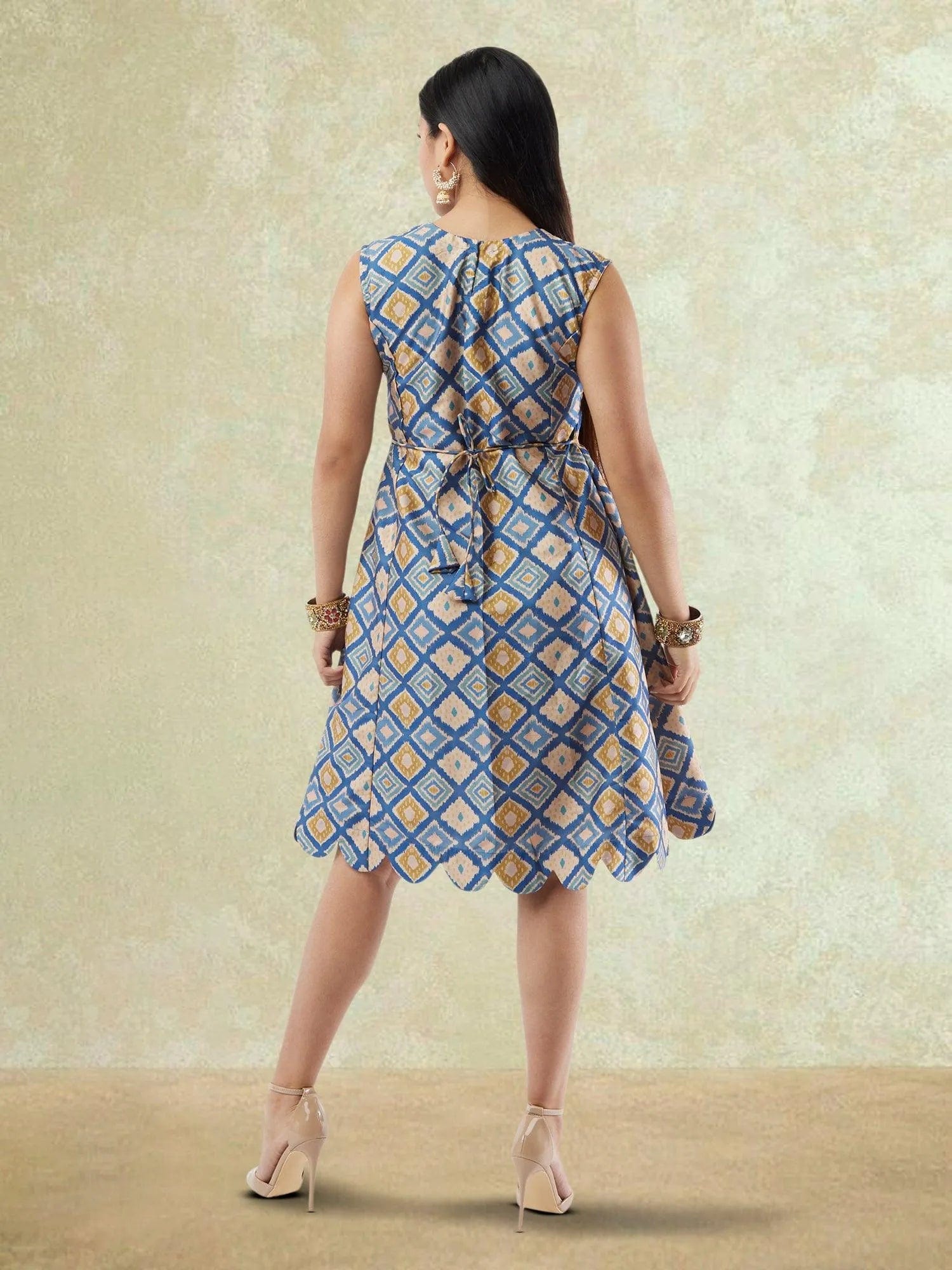 Cream and Blue Raw Silk Knee-Length Dress Muvvas Boutique