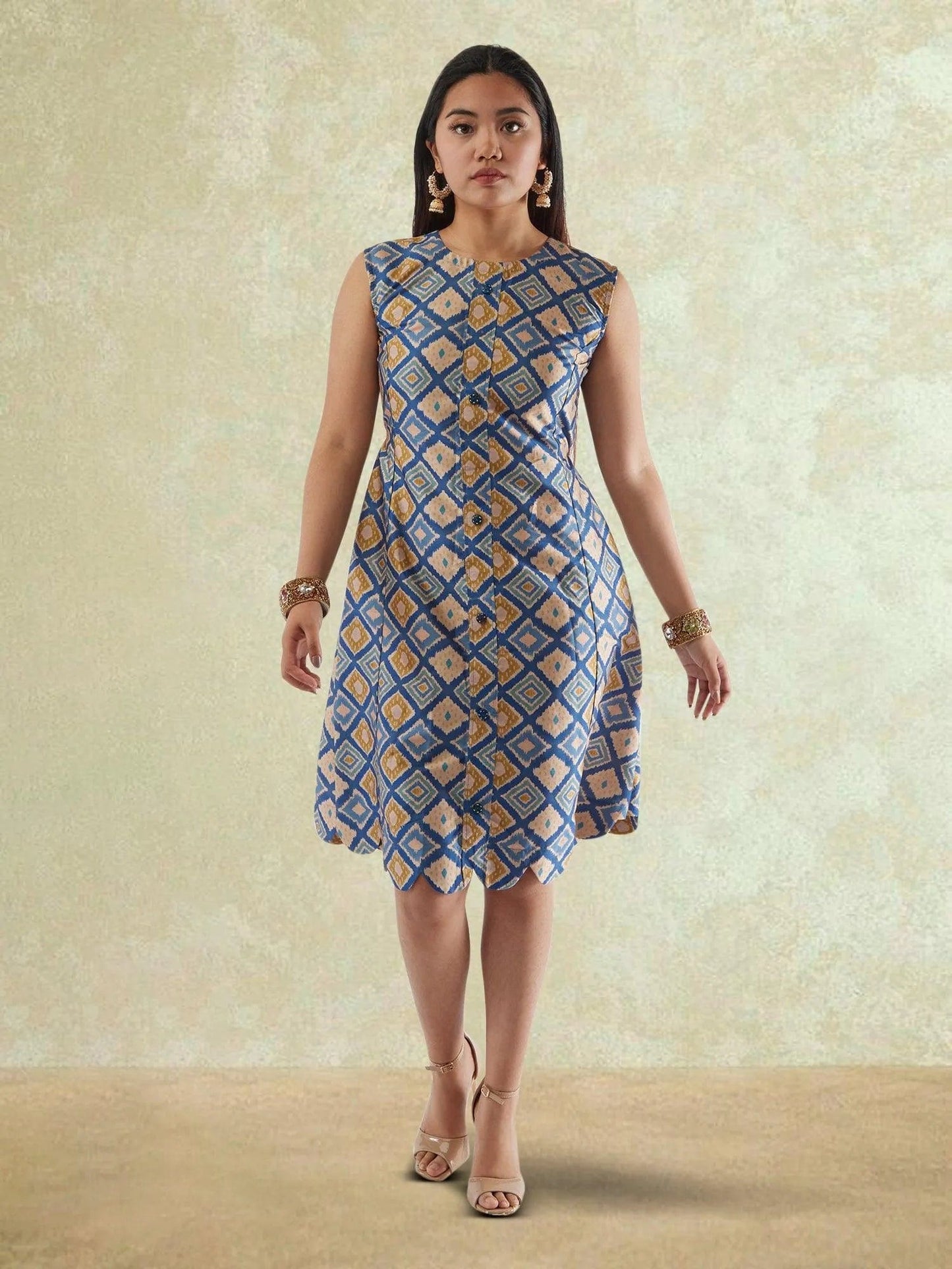 Cream and Blue Printed Raw Silk Knee Length Dress | Indo Western Dress | Modern Indian Wear | indian party dress for women | indian wear usa  | Indo Western Outfits