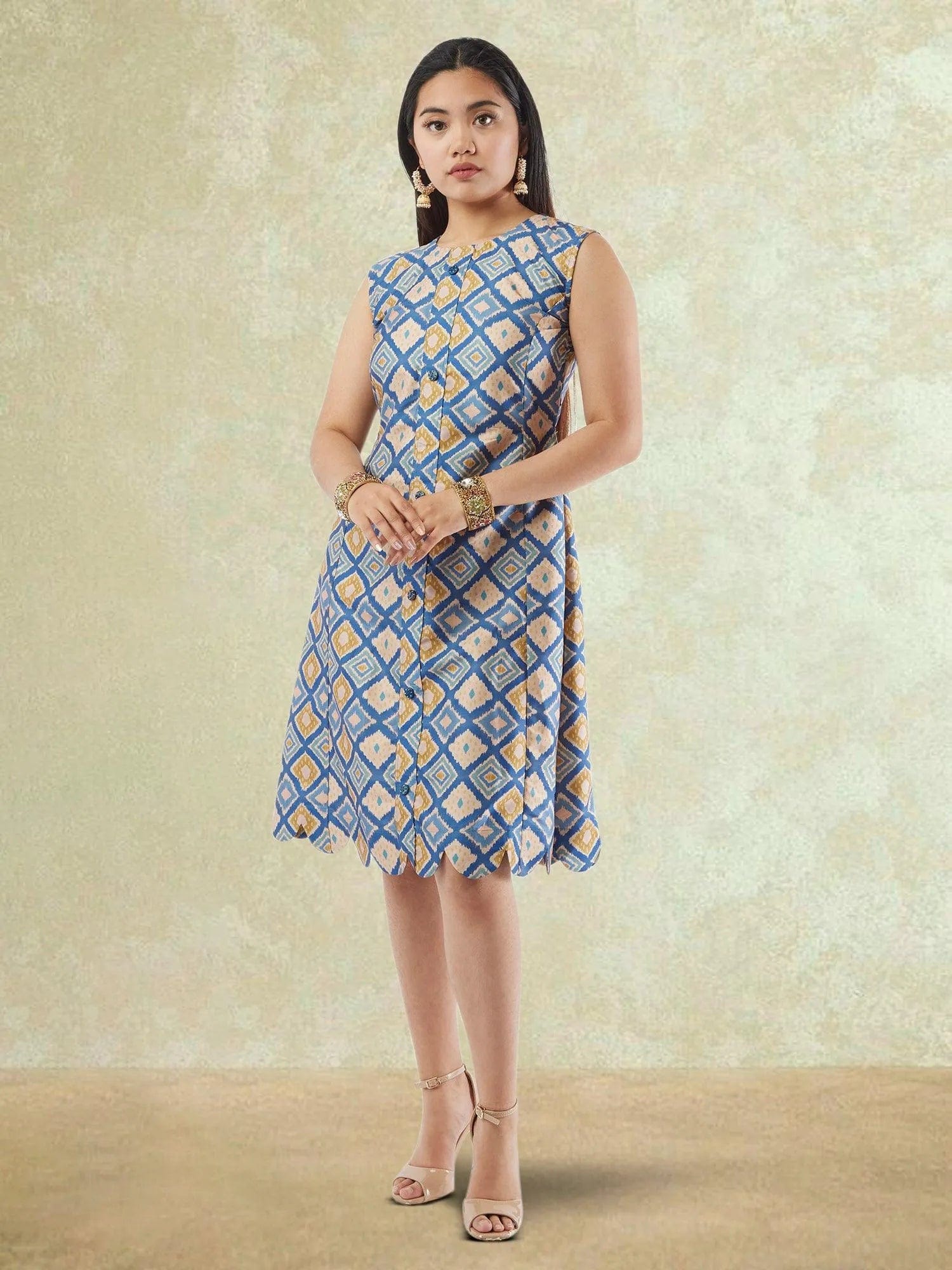 Cream and Blue Printed Raw Silk Knee Length Dress | Indo Western Dress | Modern Indian Wear | indian party dress for women | indian wear usa  | Indo Western Outfits