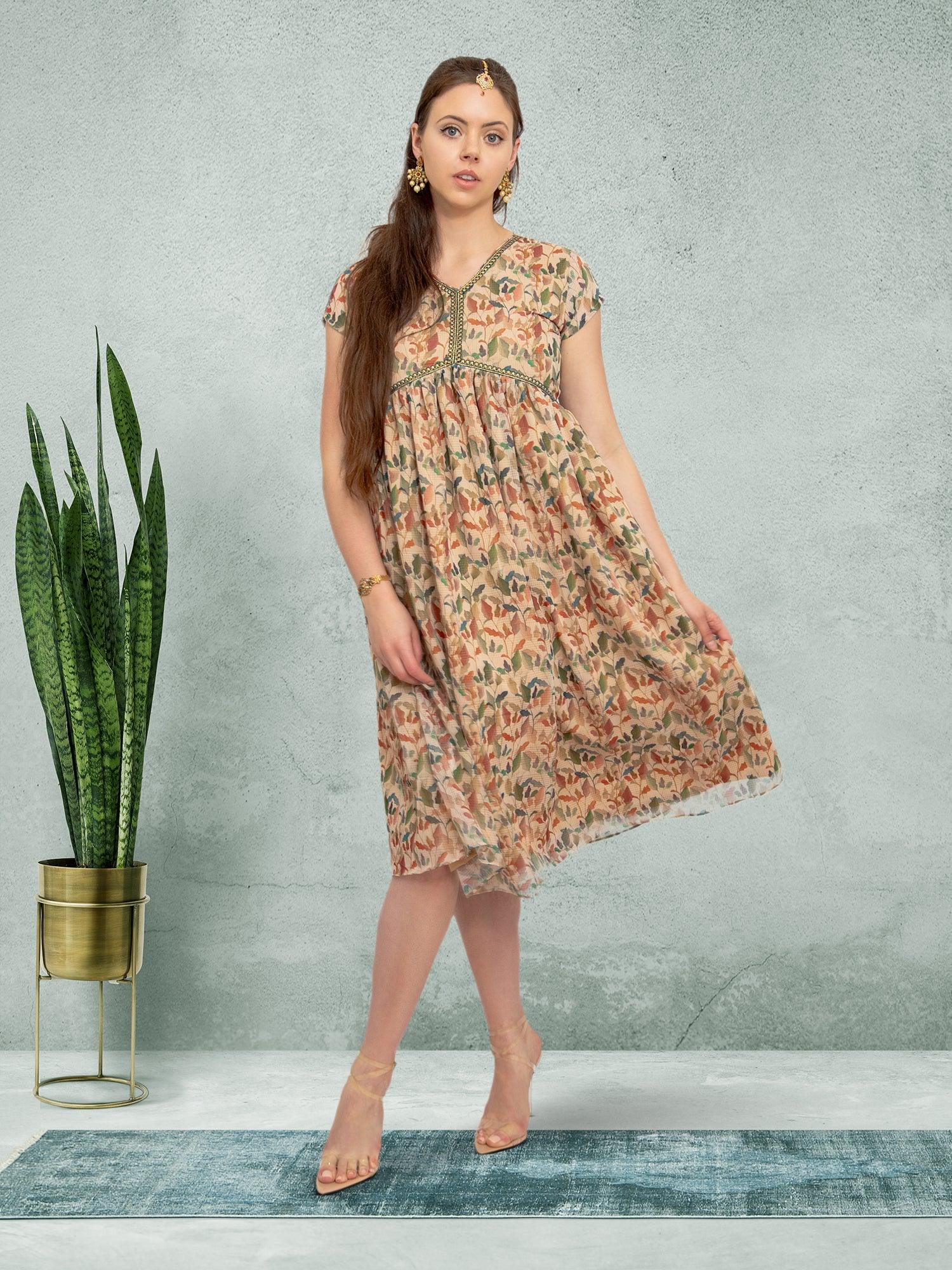 Cream Color Knee Length Dress  | Indian Ethnic Wear | Indian Attire For Women | Indian Dresses From India  | indian dress in usa online | casual indian wear