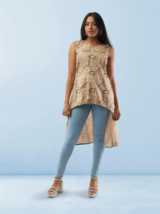 Cream Geometrical Print Raw Silk High Low Top | Short Kurtis For women | Short Kurtis For women | Modern Indian Wear | Indian Attire For Women | Women's Tops | Indian Short Tops