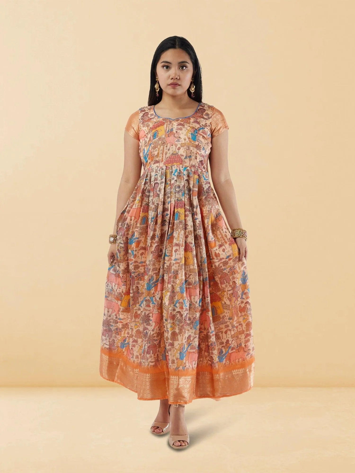 Cream Kalankari Print Ankle Length Dress Indo Western Dress Indian Attire For Women Muvvas Boutique