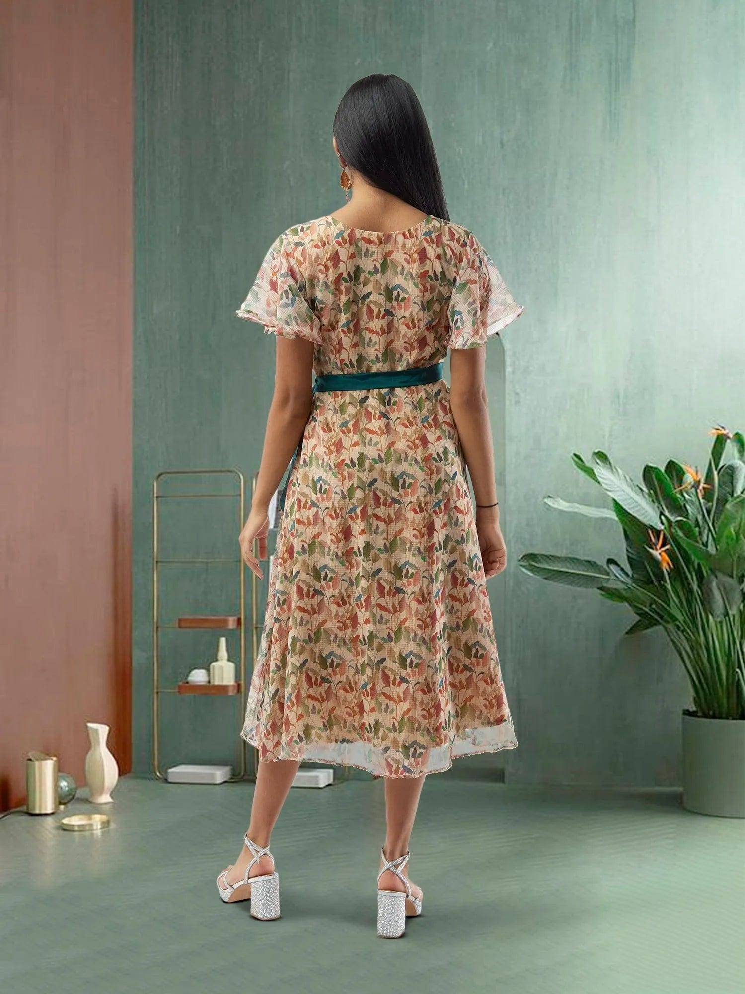 knee length chiffon dress with sleeves WICVIK Summer & Spring Square Neck Women's Dress: Comfortable Long Sleeve, Shoulder Chic, Floral Print Chiffon