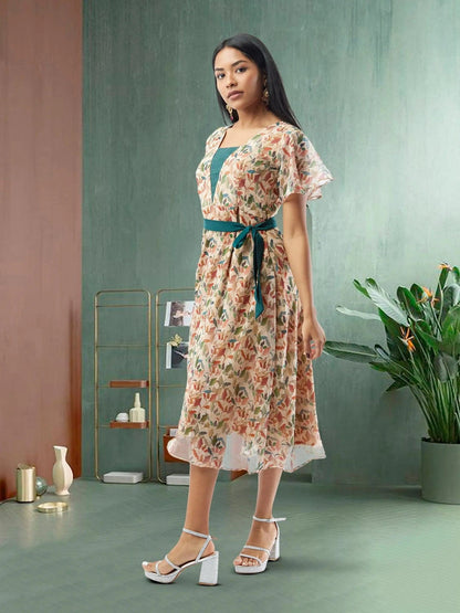 Cream Printed Chiffon Knee Length Dress | Indo Western Dress| Modern Indian Wear | indian outfits usa | Indo Western Outfits | indian clothing online usa