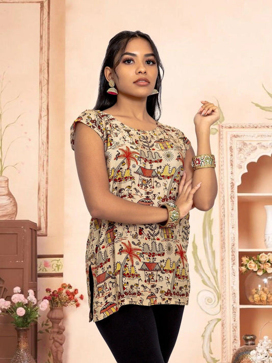  Chic Cream Printed Casual Short Top | Short Kurtis | Indian Attire | Indian Wear for Women | Women's Tops | Indian Short Tops | Indian Wear for Women | Casual Indian Dress