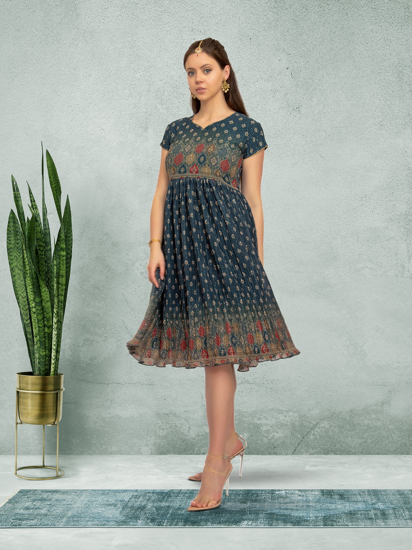 Elegant Dark Green Crushed Knee Length Fusion Dress |  | festive indian wear | indian wear usa |  | Indian Ethnic Wear | Modern Indian Wear | Indian Attire For Women | Indian Dresses From India