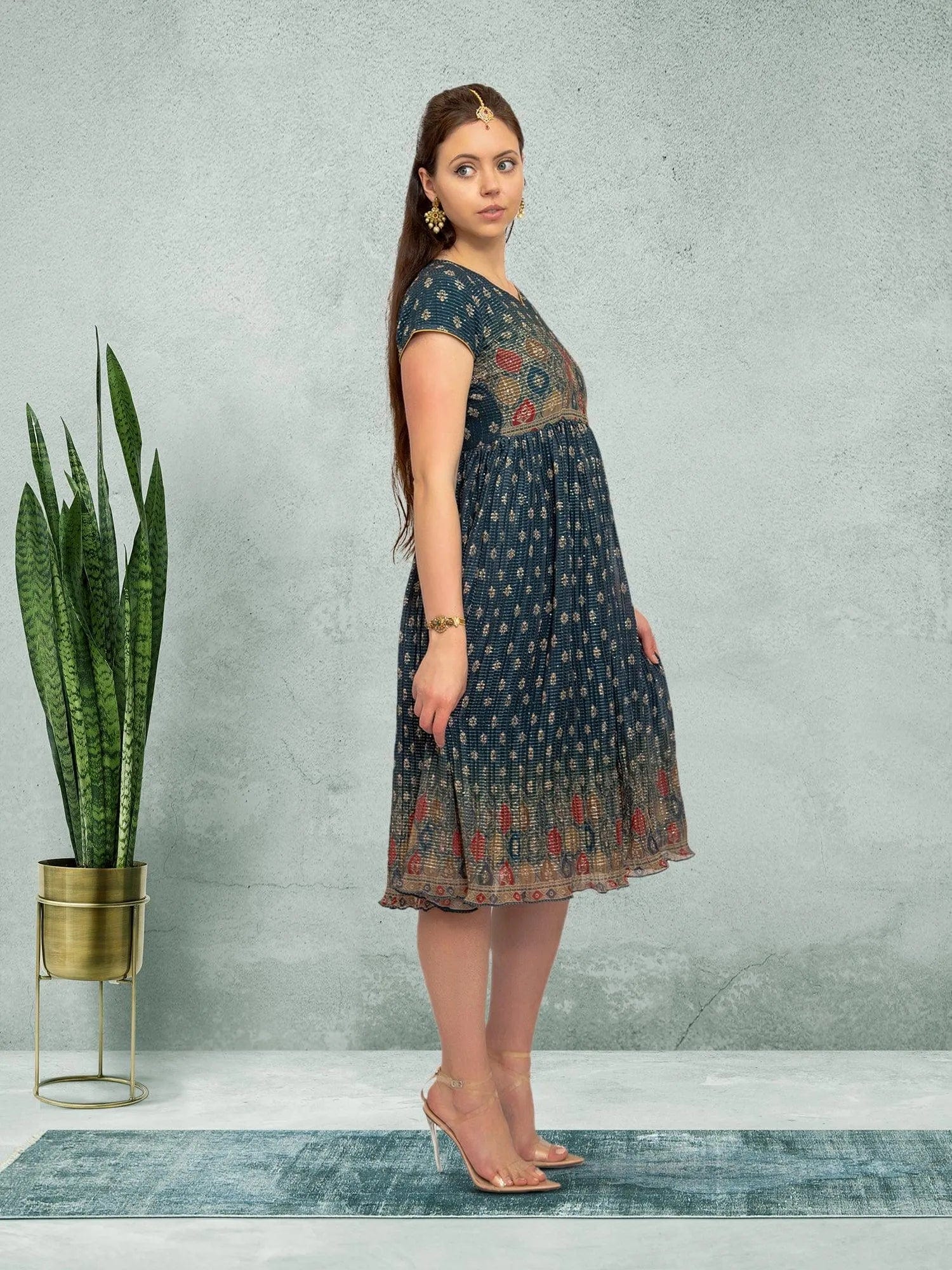 Elegant Dark Green Crushed Knee-Length Fusion Dress | Indian Dresses from India Elegant Dark Green Crushed Knee-Length Fusion Dress | Indian Dresses from India