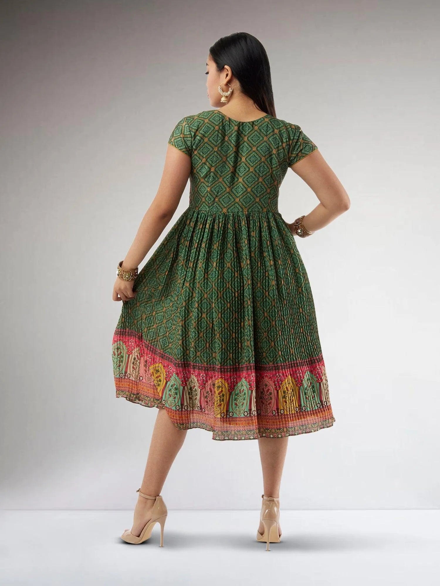 Dark Green Crushed Knee Length Dress | Indian Ethnic Wear | Indian Attire For Women | festive indian wear | indian wear usa | Indo Western Outfits