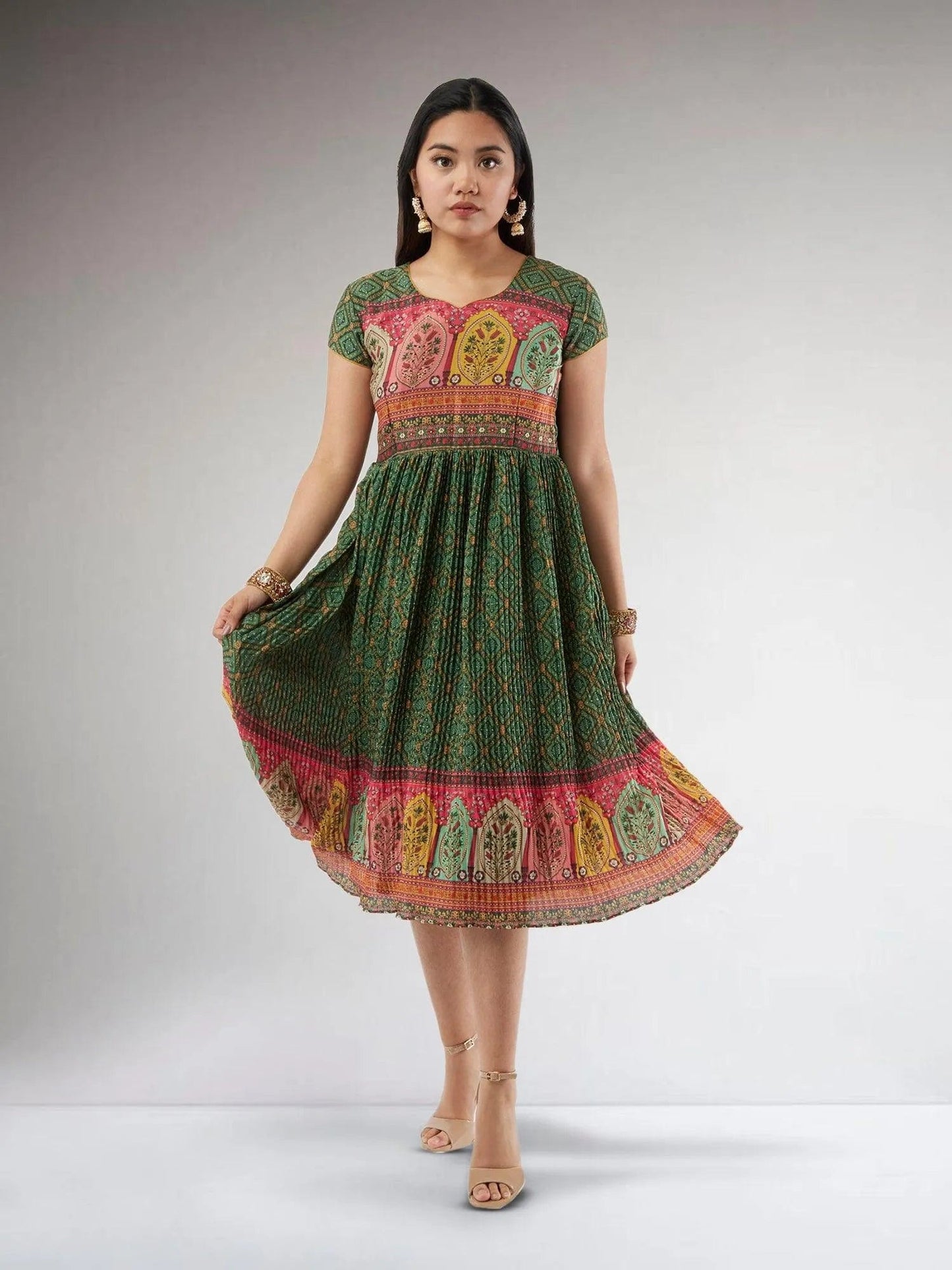 Dark Green Crushed Knee Length Dress | Indian Ethnic Wear | Indian Attire For Women | festive indian wear | indian wear usa | Indo Western Outfits