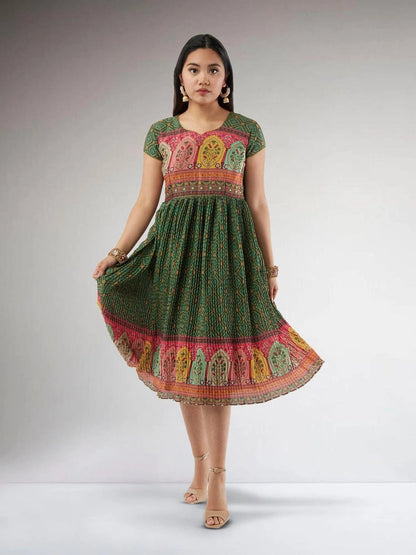 Dark Green Crushed Knee Length Dress | Indian Ethnic Wear | Indian Attire For Women | festive indian wear | indian wear usa | Indo Western Outfits