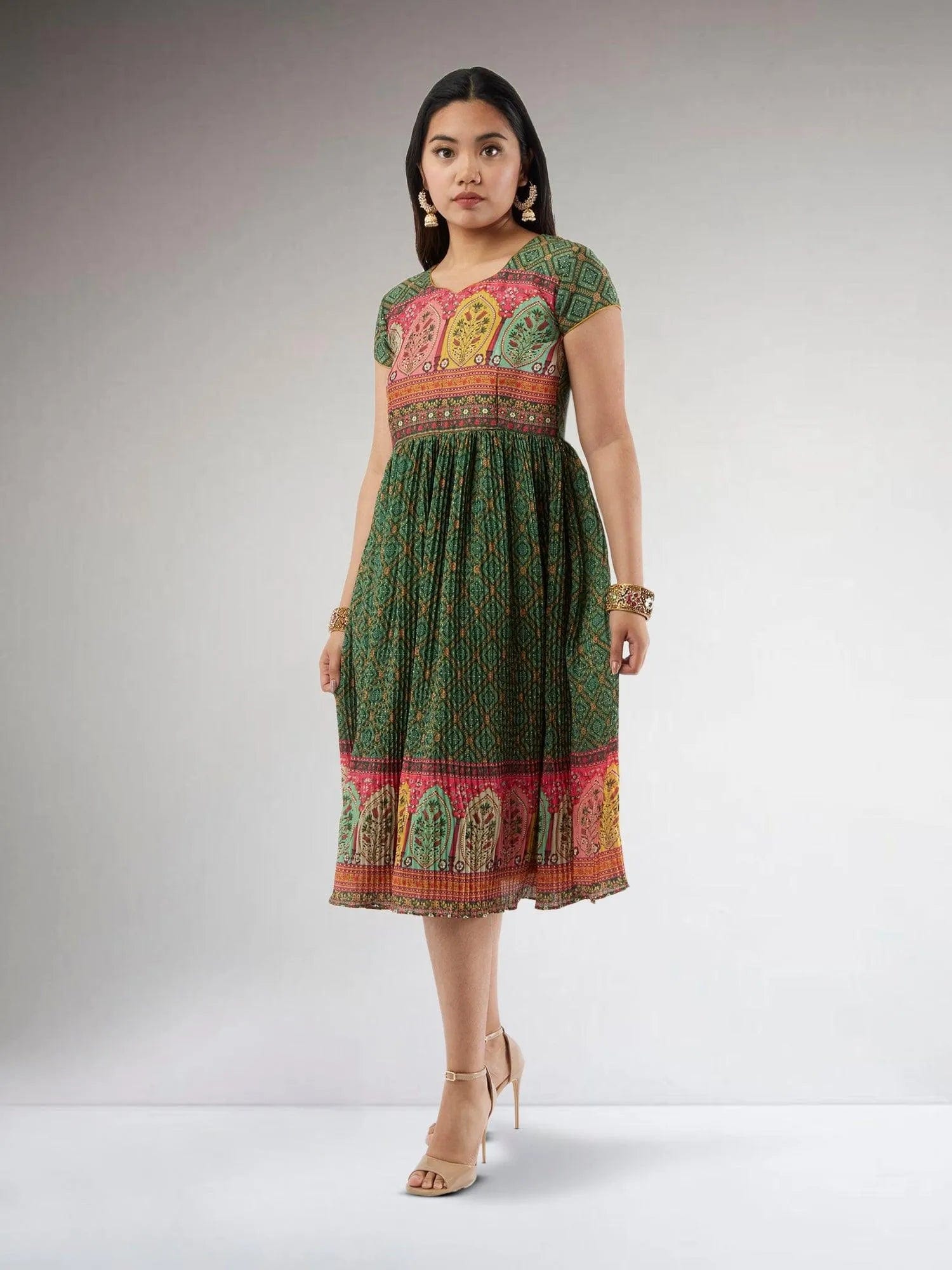 Dark Green Crushed Knee Length Dress | Indian Ethnic Wear | Indian Attire For Women | festive indian wear | indian wear usa | Indo Western Outfits