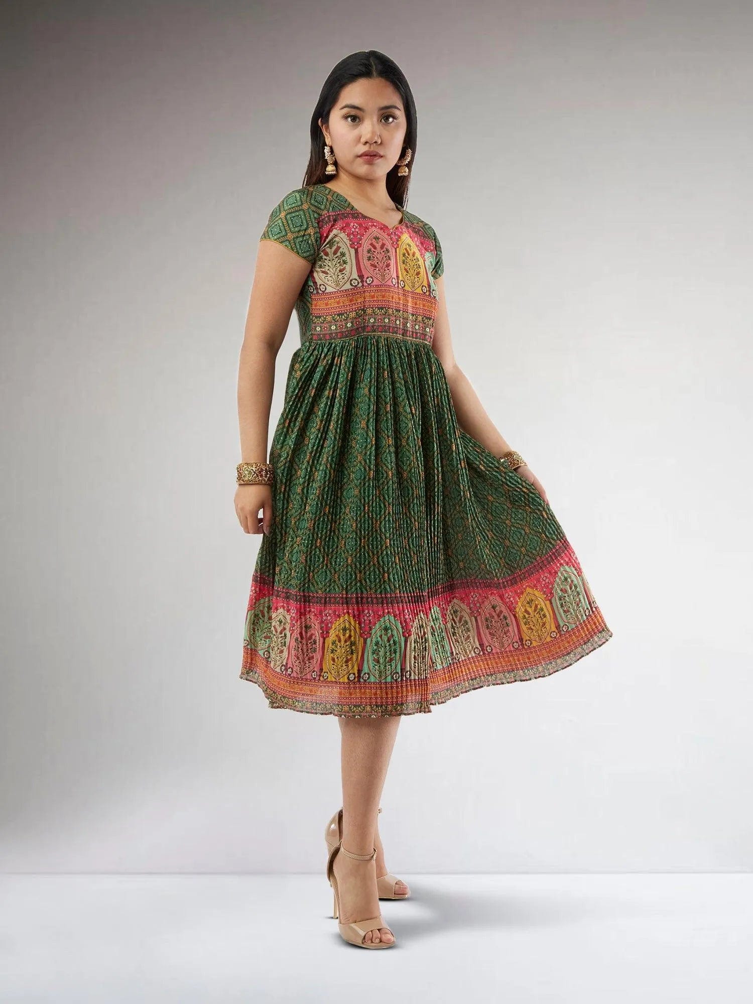 Dark Green Crushed Knee Length Dress | Indian Ethnic Wear | Indian Attire For Women | festive indian wear | indian wear usa | Indo Western Outfits