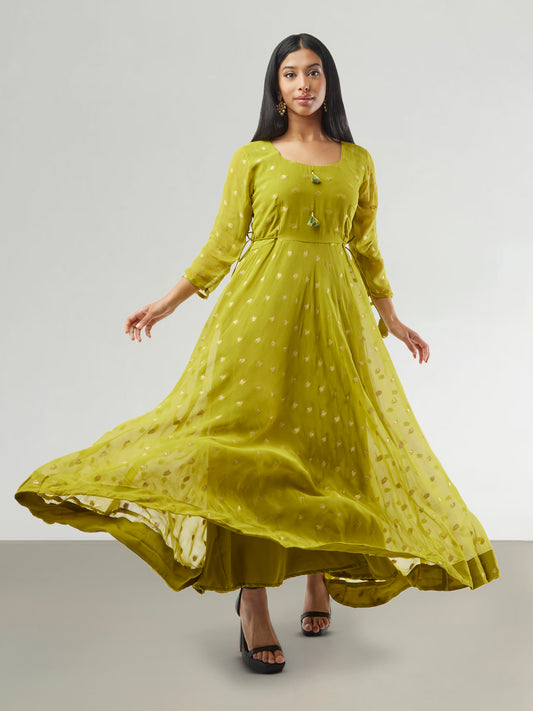 Enchanting Anarkali - Green Banarasi Georgette Anarkali Dress with Gold Butta | Anarkali Suit for Indian Festive Events | Muvvas Boutique