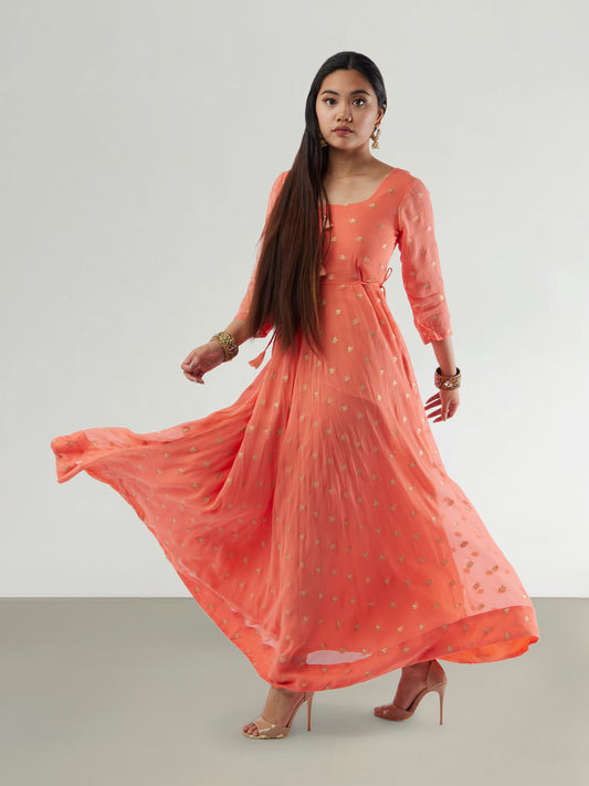 Enchanting Anarkali - Orange Banarasi Georgette Anarkali Dress with Gold Butta