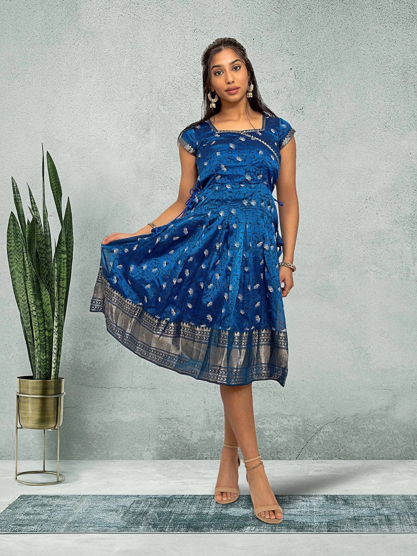 EthnoChic - Blue Silk Knee Length Dress