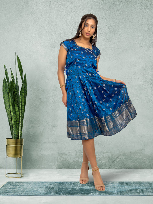 Blue Silk Knee Length Dress | EthnoChic | Muvvas Boutique