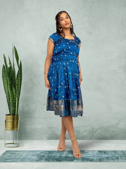 EthnoChic - Blue Silk Knee Length Dress