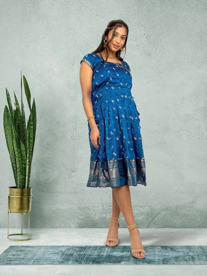 EthnoChic - Blue Silk Knee Length Dress