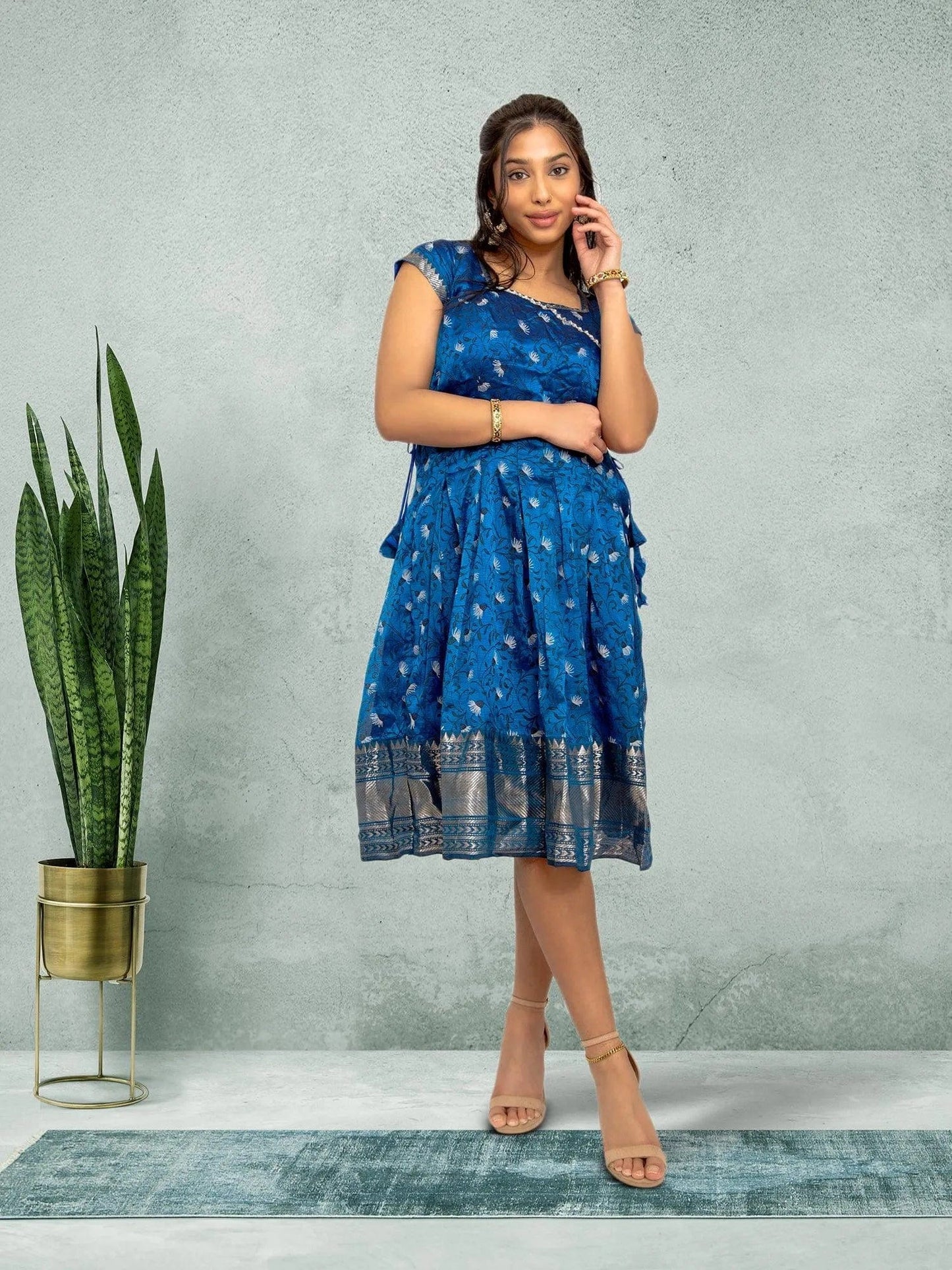 EthnoChic - Blue Silk Knee Length Dress