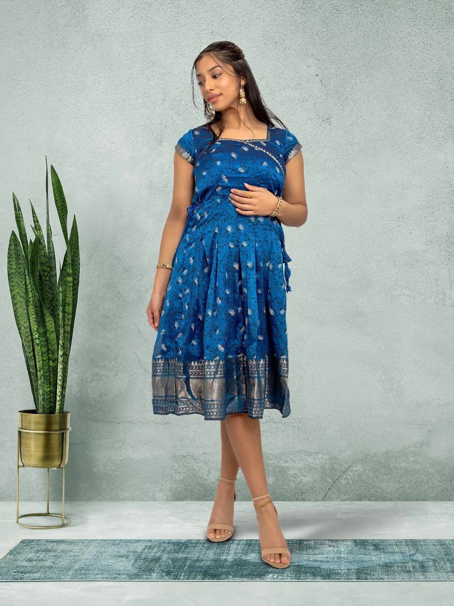 EthnoChic - Blue Silk Knee Length Dress