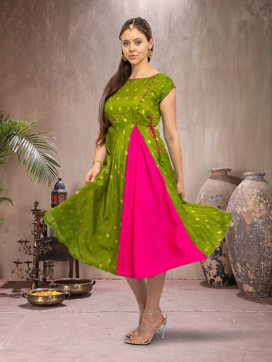 Green & Pink Silk Knee Length Dress | EthnoChic | Muvvas Boutique