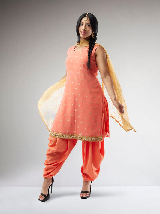EthnoChic - Orange Banarasi Georgette Patiala Salwar Suit with Gold Butta