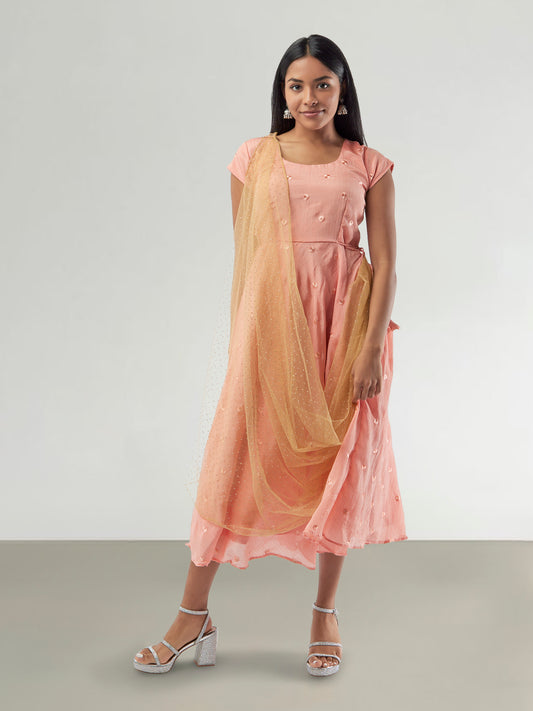 EthnoChic - Peach Banarasi Georgette Dress with Gold Net Duppatta