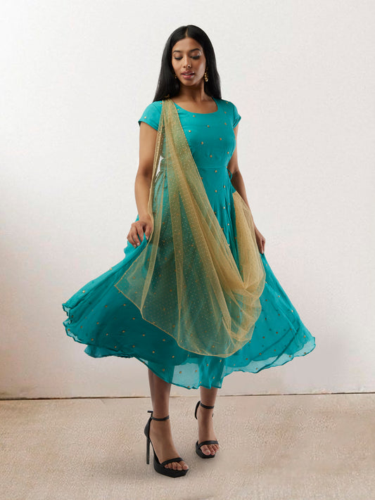 EthnoChic - Persian Green Banarasi Georgette Dress with Gold Net Duppatta