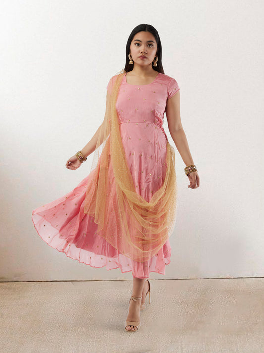 EthnoChic - Pink Banarasi Georgette Dress with Gold Net Duppatta