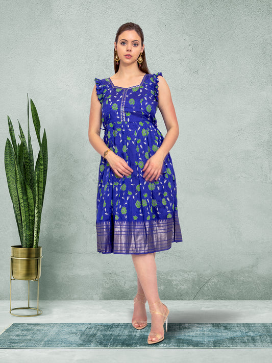 Blue Floral Silk Knee Length Dress | EthnoChic | Muvvas Boutique