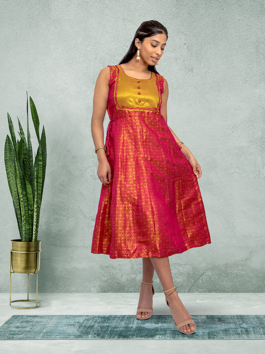 Red & Gold Silk Knee Length Dress | EthnoChic | Muvvas Boutique