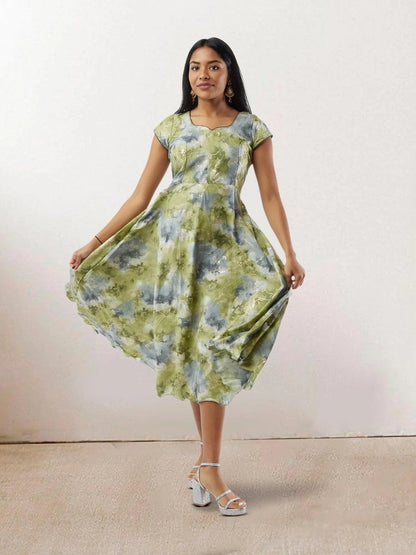 Green and Grey Printed Rayon Knee-Length Dress | Muvvas Boutique Green and Grey Printed Rayon Knee-Length Dress | Muvvas Boutique