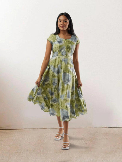 Green and Grey Printed Rayon Knee Length Dress | Indo Western Dress| Modern Indian Wear | casual indian wear | indian wear usa  | indian clothing online usa