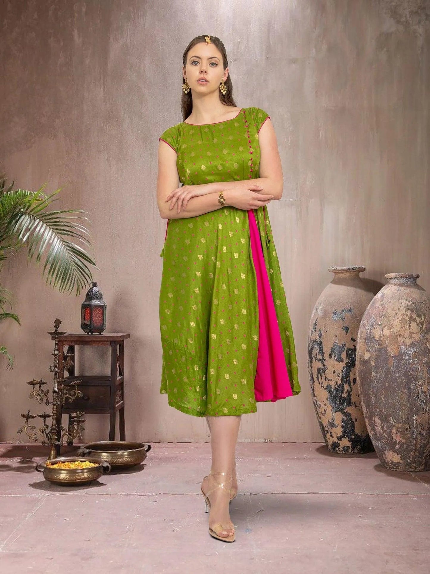 Green Pink Silk Elegant Dress | Indian Ethnic Wear | Modern Indian Wear | Indian Attire For Women | indian dress in usa online | Indian Dresses From India  | Traditional Weddings | Weddings Engagement Parties 