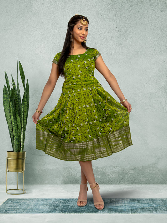 Green Silk Knee Length Dress - Festive Fusion Style | Muvvas Boutique | festive indian wear | indian wear usa  | indian dress in usa online | Indian Dresses From India 