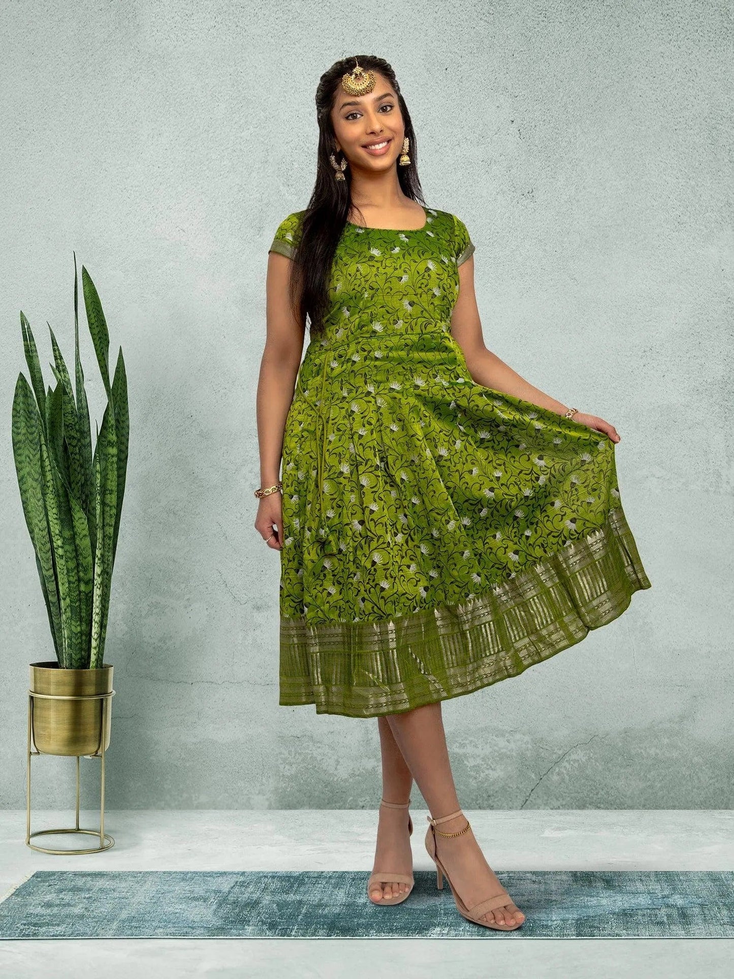 Green Silk Knee Length Dress - Festive Fusion Style | Muvvas Boutique | festive indian wear | indian wear usa  | indian dress in usa online | Indian Dresses From India 