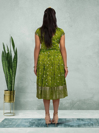 Green Silk Knee Length Dress - Festive Fusion Style | Muvvas Boutique | festive indian wear | indian wear usa  | indian dress in usa online | Indian Dresses From India 