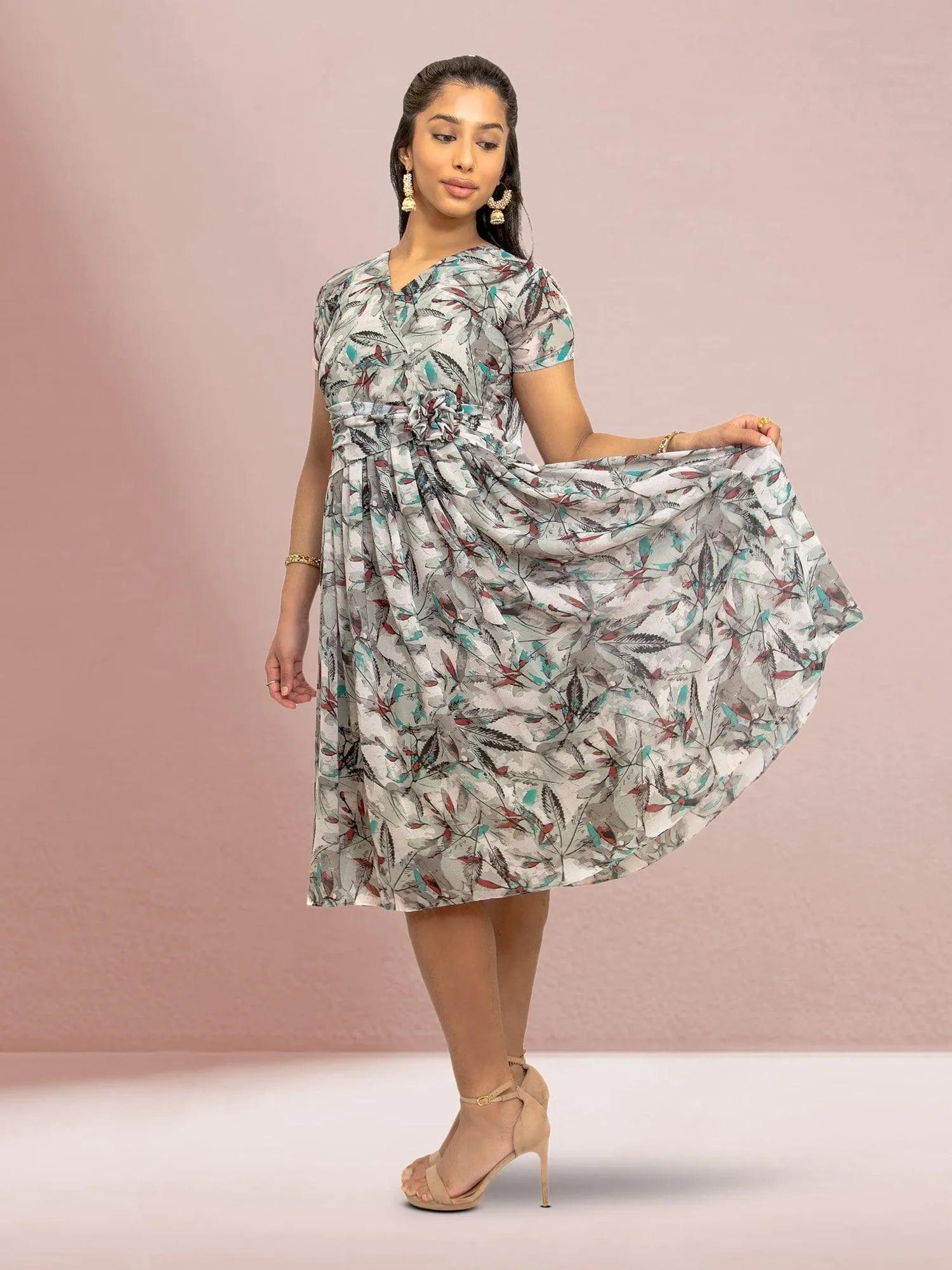 Grey Color Printed Dress With Bow | Indian Ethnic Wear | Indian Attire For Women | Indian Dresses From India  | casual indian wear | indian wear usa  | indian clothing online usa