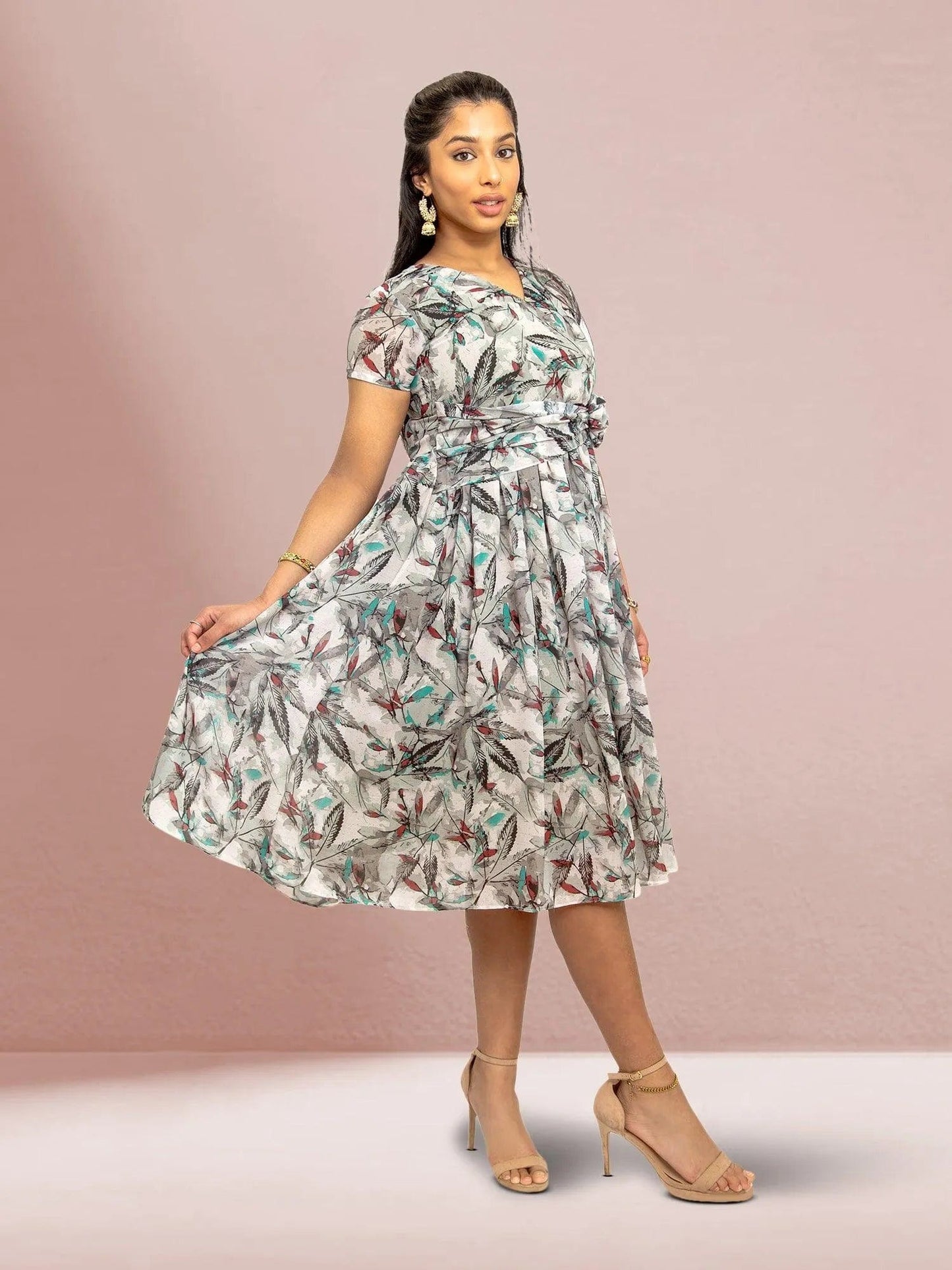Grey Color Printed Dress With Bow | Indian Ethnic Wear | Indian Attire For Women | Indian Dresses From India  | casual indian wear | indian wear usa  | indian clothing online usa
