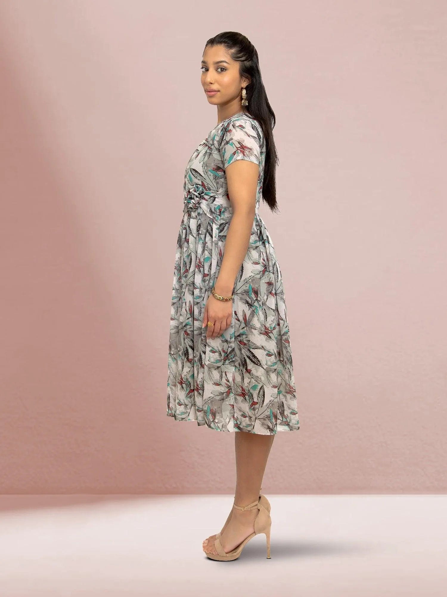 Grey Color Printed Dress With Bow | Indian Ethnic Wear | Indian Attire For Women | Indian Dresses From India  | casual indian wear | indian wear usa  | indian clothing online usa