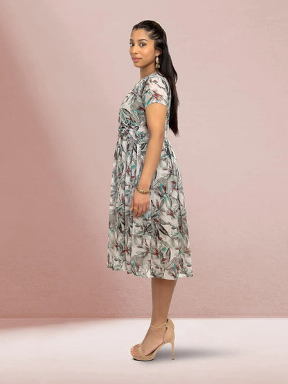 Grey Color Printed Dress With Bow | Indian Ethnic Wear | Indian Attire For Women | Indian Dresses From India  | casual indian wear | indian wear usa  | indian clothing online usa