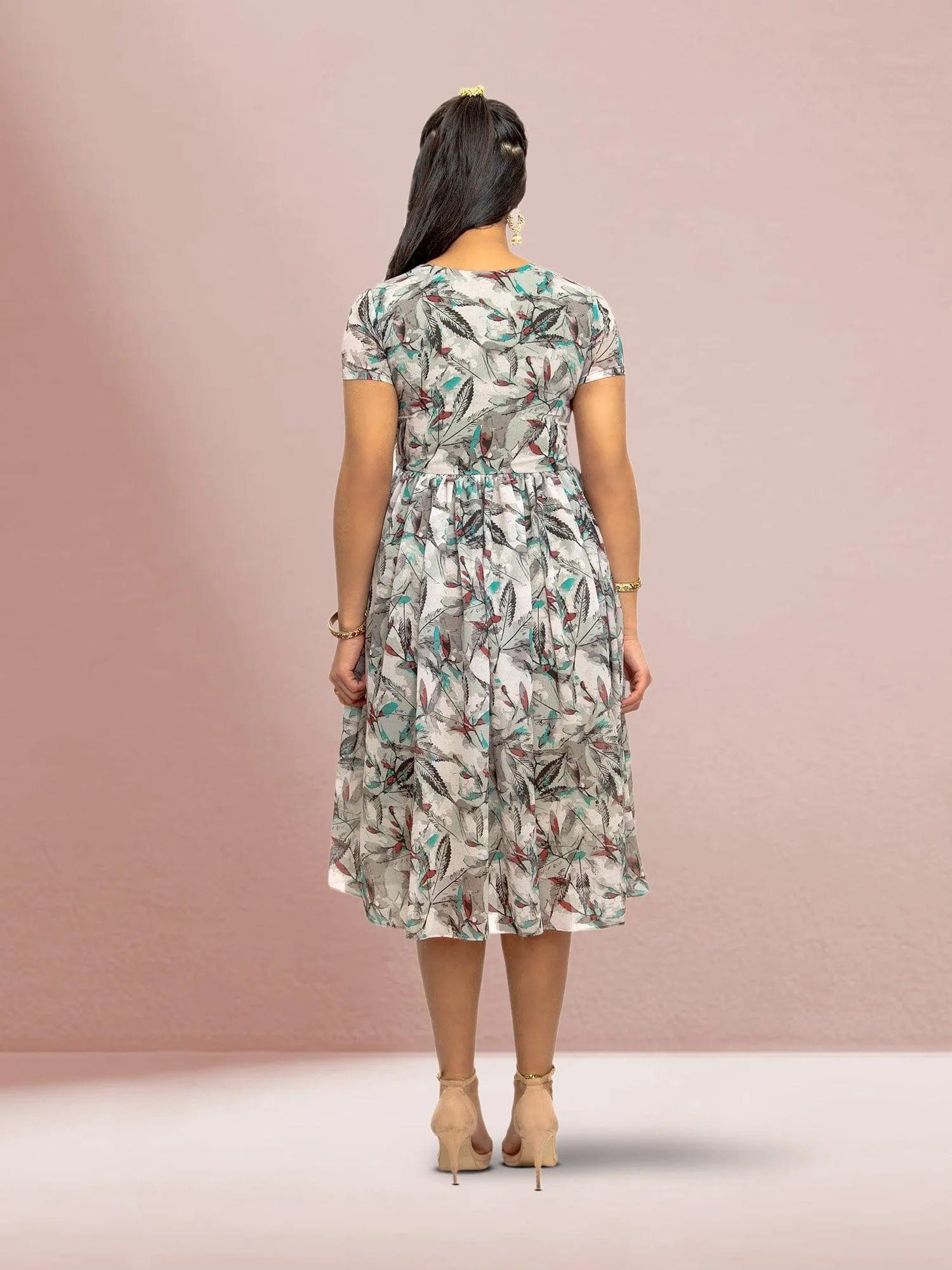 Grey Color Printed Dress With Bow | Indian Ethnic Wear | Indian Attire For Women | Indian Dresses From India  | casual indian wear | indian wear usa  | indian clothing online usa